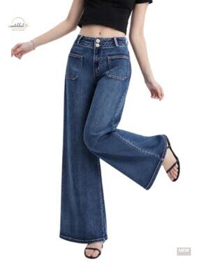 High Waist Wide Leg Stretchy Denim Jeans Double Button Loose Fit